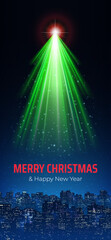 Merry christmas and happy new year greeting card. Bright star, rays like christmas tree over city on night sky background. Christmas and New Year banner. Cityscape, skyline. Vertical wallpaper. Vector