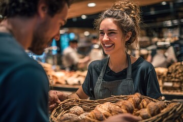 Smiling baker offers fresh pastries to a customer in a lively bakery during morning hours