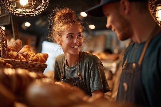 Young bakers share smiles and warm bread at a busy bakery during the early morning rush hour - Powered by Adobe