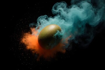 Vibrant Kiwi Fruit Exploding with Dynamic Teal Smoke and Fiery Orange Powder on a Stark Black Background, Capturing Energy and Contrast