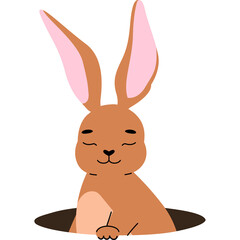 Cute brown bunny rabbit peeking out of a dark hole with eyes closed and long pink lined ears on a transparent background