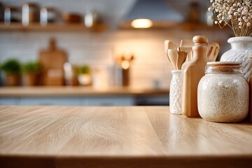Kitchen counter with wooden utensils and jars set in a cozy, modern interior space