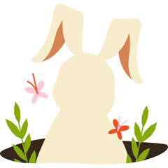 Cream Colored Bunny Rabbit Emerging From Burrow Surrounded By Green Spring Foliage And Pink Butterflies Isolated On Transparent Background