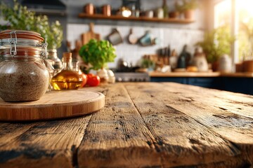 Rustic kitchen scene with fresh ingredients and spices on wooden table during golden hour