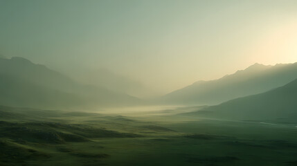 Obraz premium A misty mountain landscape, bathed in soft, ethereal light, creates a tranquil and awe-inspiring scene. The undulating terrain and atmospheric perspective evoke a sense of vastness and serenity