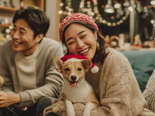 Asian couple with small pet dog wearing Santa hat
