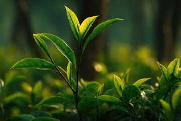 Fresh green tea leaves glisten in sunlight among lush foliage during early morning in a serene tea garden