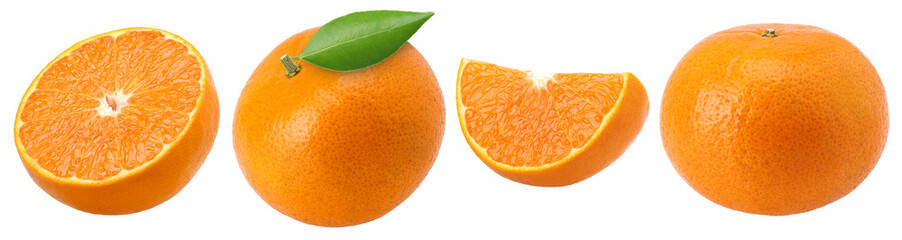 Orange fruit with leaves, slices and half isolated,  transparent PNG, collection, PNG format, cut out