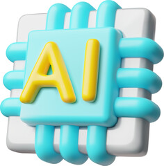 3D cartoon icon of an artificial intelligence chip, blue and yellow. Digital data, technology.