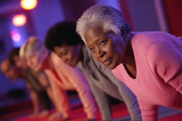 Group of older adults participating in a strength training class at a fitness center in the evening