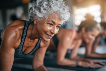 Older woman engaged in plank exercise with focused expression during fitness class in bright gym environment