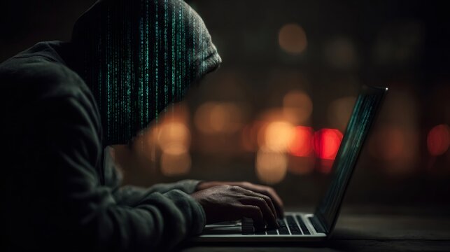 Hacker accessing data with binary code overlay