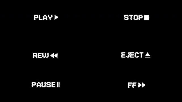 6 set animation VHS playback elements with screen distortion noise including Play, Rewind, Pause, Stop, Eject, and Fast forward signs. 4k video.