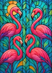 Naklejka premium Vibrant flamingos stained glass art.