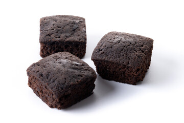 Homemade chocolate brownies isolated on white background. Copy space
