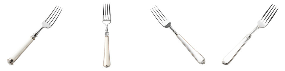 Collection of elegant silverware forks with ivory handles on a white background, kitchenware, dining utensils, four forks isolated, vintage aesthetic.