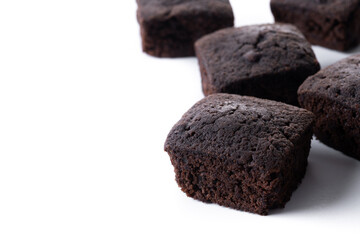 Homemade chocolate brownies isolated on white background. Copy space