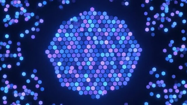 Bright interconnected hexagons pulsate and spread outwards with energetic motion in a seamlessly looping abstract background expansion, data flow, bright interconnected hexagons