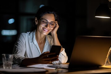 Smiling woman using smartphone while working late at night in a cozy home office