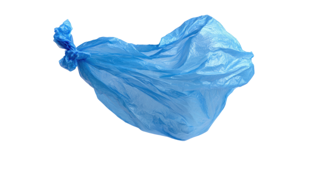 Isolated blue plastic bag, twisted shut, floats against a black background