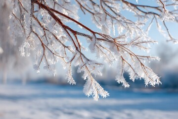 Obraz premium Frosty tree branches displaying cold winter morning