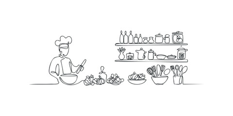 Obraz premium Chef prepares food with kitchenware on shelves