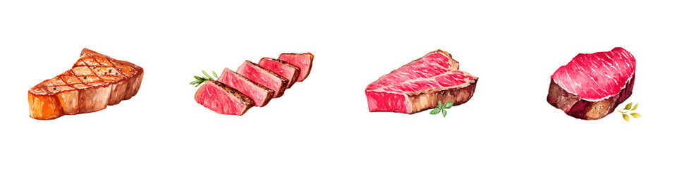 Fototapeta premium Watercolor Illustration of Cooked Steaks: Various Stages and Cuts