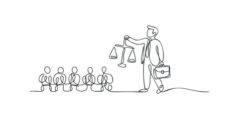 Obraz premium Lawyer holding scales of justice presents case to group