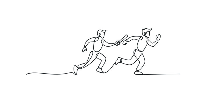 Two athletes passing baton in continuous line drawing