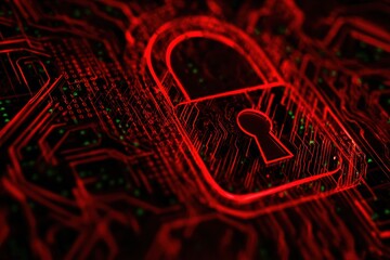 Red glowing padlock symbol on a circuit board with binary code and lines security protection