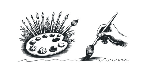 Artistic tools including paint palette and brushes with human hand