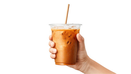 Hand Holding Iced Coffee Cup with Straw on White
