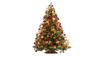 A fully decorated evergreen, adorned with red and gold ornaments and glowing lights