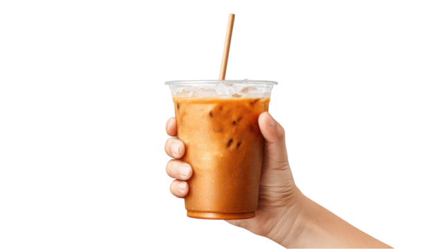 Hand Holding Iced Coffee Cup with Straw on White