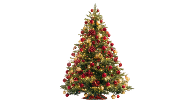 A fully decorated evergreen, adorned with red and gold ornaments and glowing lights