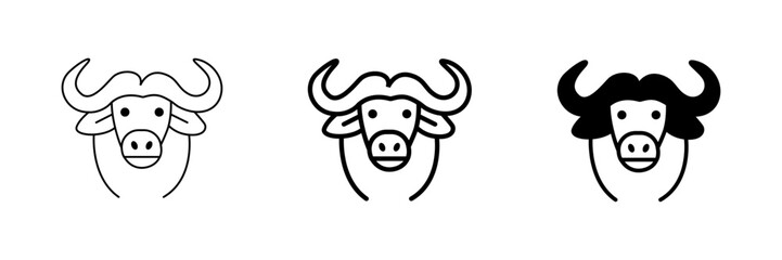 Set of minimalist buffalo head vector icons with transparent background, representing wild animal symbols for safari, wildlife, and nature design projects, illustration