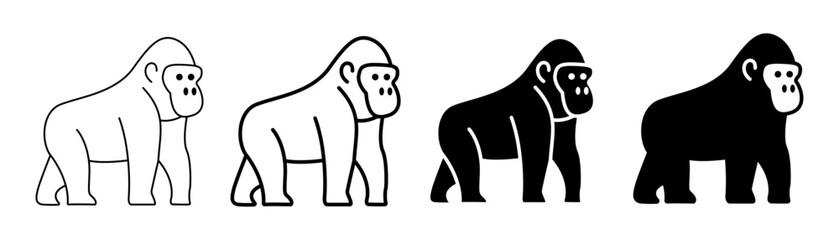 Set of minimalist gorilla icons with transparent background, featuring outline and glyph styles, representing wildlife, zoo, and nature themes, vector illustration.