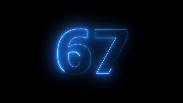 Glowing neon numbering text 67 number countdown icon animation. neon text 67 number icon on background...