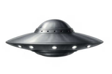 Flying saucer hovering, unidentified object concept, sci-fi alien spacecraft technology, transparent background