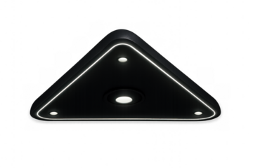 Black futuristic triangle ceiling lamp with led strip lighting for modern interior design on transparent background