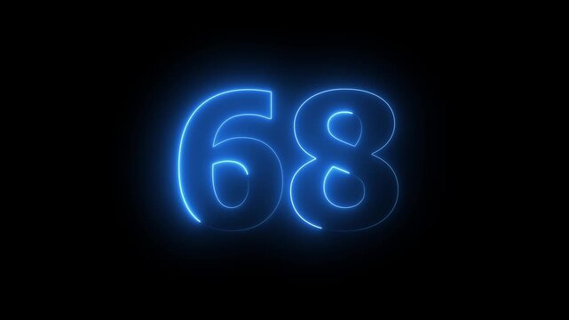 Glowing neon numbering text 68 number countdown icon animation. neon text 68 number icon on background...