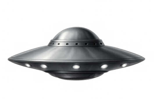 Flying saucer hovering, unidentified object concept, sci-fi alien spacecraft technology, transparent background