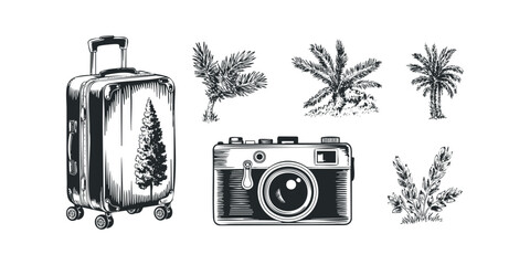Vintage luggage and camera with palm fronds