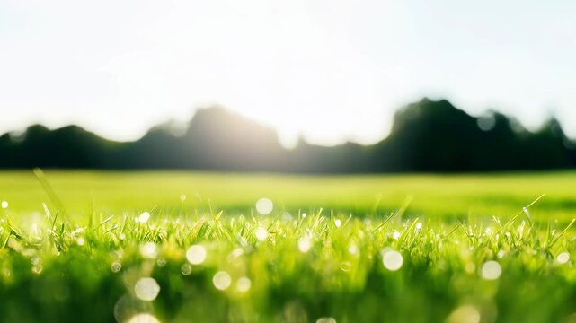 Lush green grass field with dew drops at sunrise, natural morning landscape, nature background, tranquil outdoor environment footage