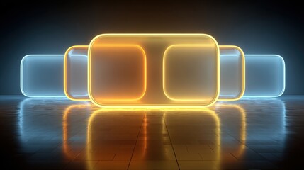 Row of glowing rounded rectangular shapes with blue and orange neon light accents on reflective floor