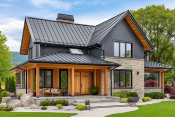Modern luxury house exterior with a metal roof and attractive landscaping