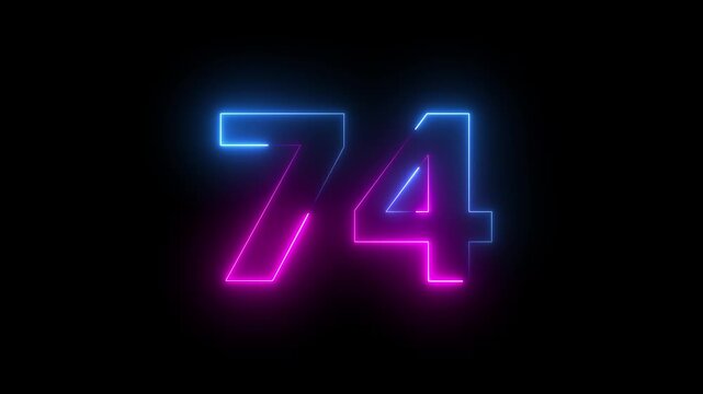 Glowing neon numbering text 74 number countdown icon animation. neon text 74 number icon on background...