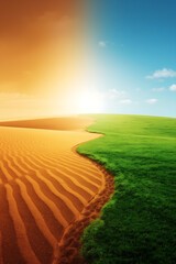 Fototapeta premium The landscape transitions from a dry desert to a lush green oasis, symbolizing challenges and success. A winding path leads from the desert, showcasing a journey. The composition is horizontal, cinema