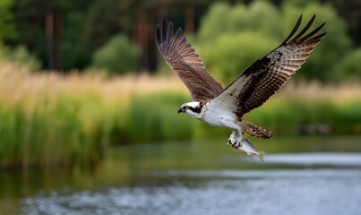 Obraz premium an osprey flying toward the viewer with its wings wide open, its eyes sharp and its prey fish in its beak.