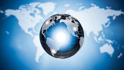 Global Sphere: A stunning 3D rendering of the world globe floats before a backdrop map of the earth, symbolizing interconnectedness, international relations, and global business opportunities. - Powered by Adobe